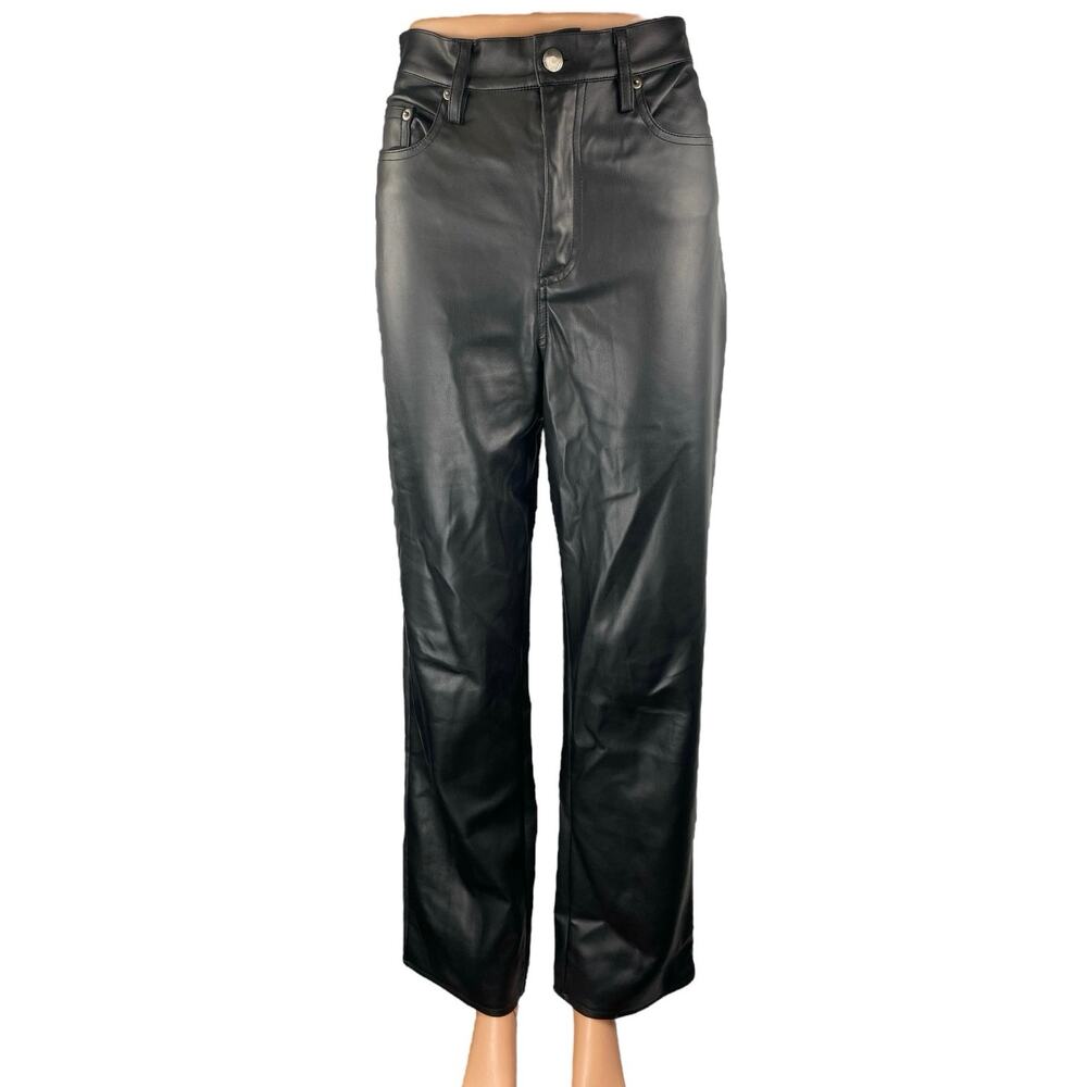 Olivaceous Women's Black Faux Leather Vegan Straight Trousers Pants Size L